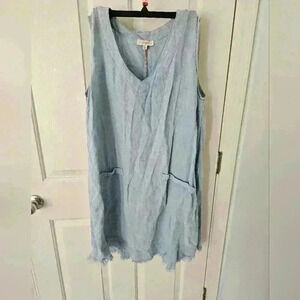 Umgee Blue Chambray Swing Dress Sleeveless Rag Hem V-Neck Size 1X Faux Pocket